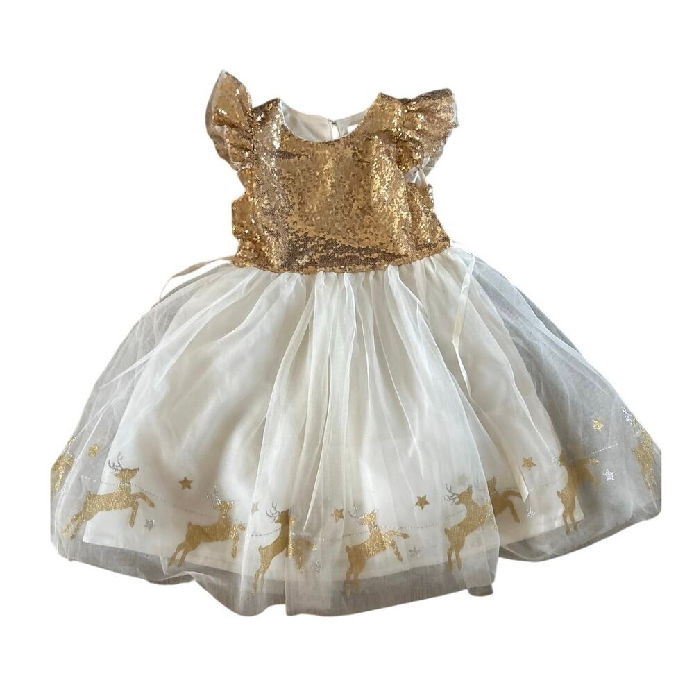 Zunie Girls 6/7 Gold Sequin Reindeer Christmas Dress Ivory Tulle Holiday